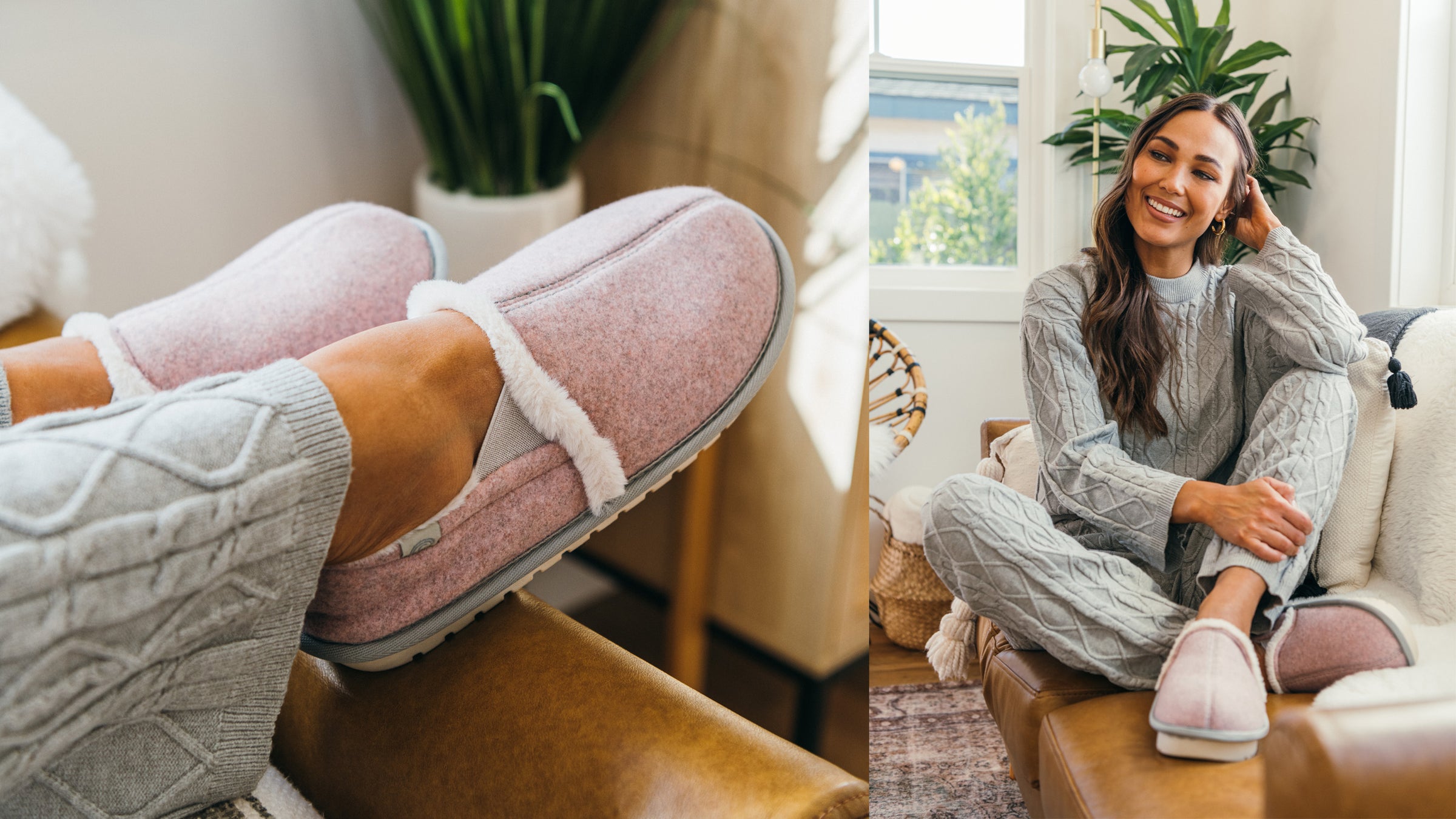 Two images of a model wearing the Cobian Carmel Moccasin Pink