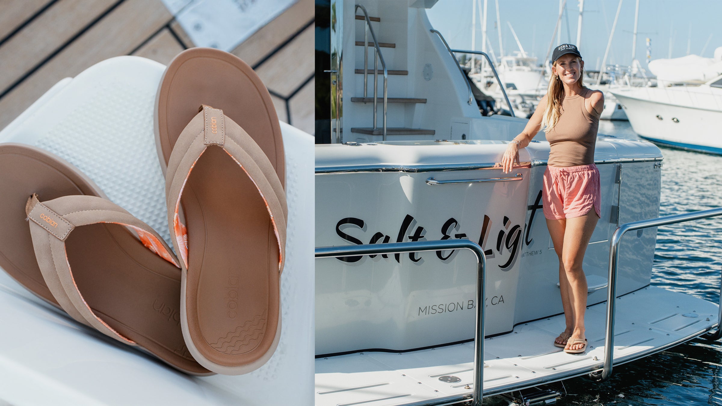 A close up and wide shot of Bethany Hamilton wearing the Cobian Darby Tan sandal